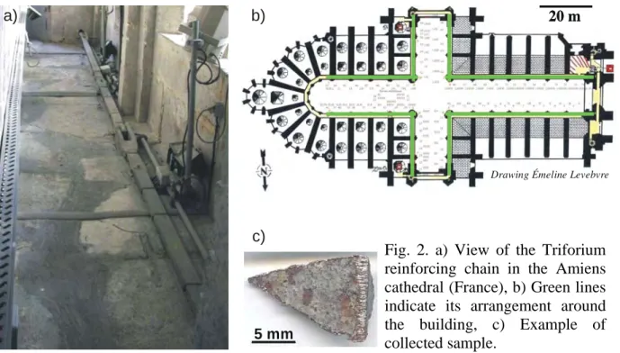 Fig. 2. a) View of the Triforium  reinforcing chain in the Amiens  cathedral (France), b) Green lines  indicate its arrangement around  the building, c) Example of  collected sample