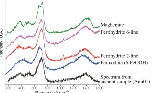 Fig. 8. Raman spectra acquired in 300s for poorly crystallised hydrated iron III oxide or  oxyhydroxide: maghemite, 2-lines and 6-lines ferrihydrites, feroxyhite and a  representative spectrum from light gray marbles of an Amiens sample