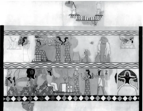 Fig. 3 : Restitution de la composition peinte de la salle 132, sur enduit de terre (Parrot 1958b,  pl