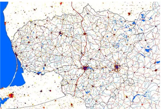 Fig. 5.  The Via Baltica (red solid line) and urbanisation patterns (urban areas in 1989 - black, urban areas in 2000 - red,  urban areas in 2007 - yellow) in the territory of Lithuania (Gadal 2011, 2012) 