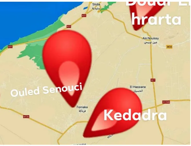 Figure n 0 10: La localisation des exploitations (Google maps) : Ouled  Senouci (3), Kedadra(2) et Douar Elhrarta(1) (g)