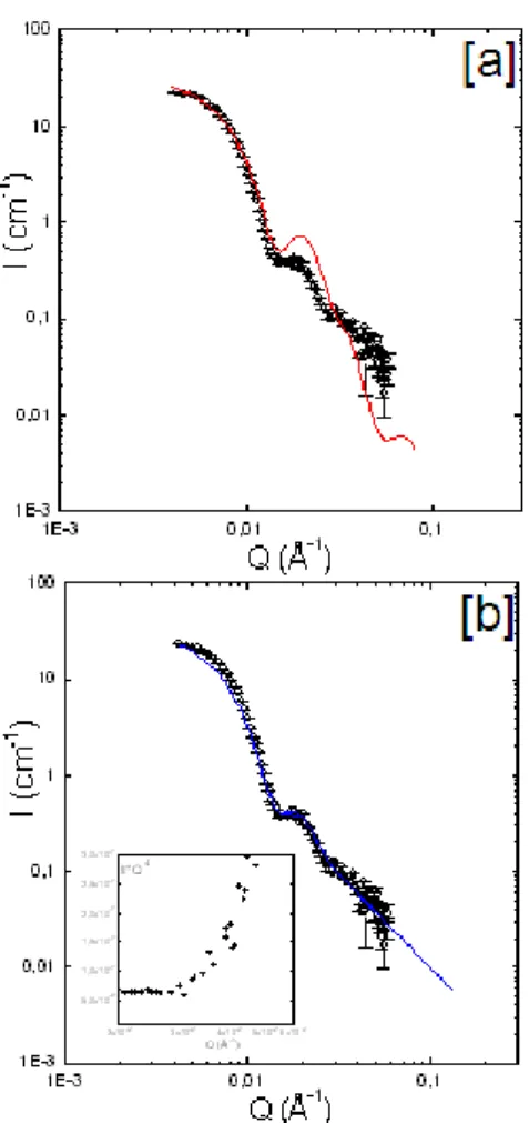 Fig.  8  Scattering  curve  of  a  diluted  solution  of  silica  Ludox  particles  grafted with hydrogenated PS chains (h 1 ) in contrast conditions for which  the scattering contribution of the silica core is matched with a mixture of  hydrogenated  and 