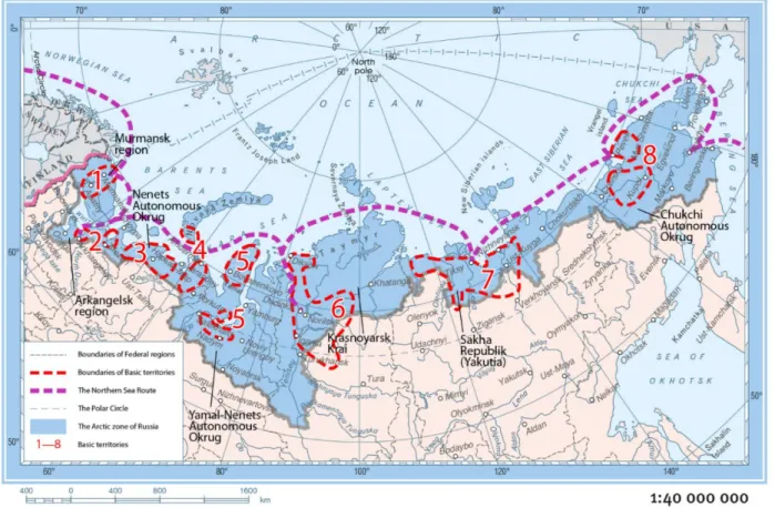 Figure 1. The Arctic Zone of the Russian Federation. Note: 1 = Kola Peninsula; 2 = Arkhangelsk Region; 3 = Nenets Auton- Auton-omous District; 4 = Vorkuta (Komi Republic); 5 = Yamal-Nenets AutonAuton-omous District; 6 = Taimyr; 7 = Northern Yakutia; 