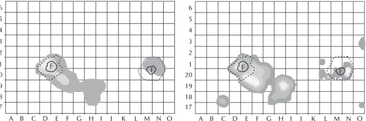 Fig. 7. Plan des courbes de densité des lamelles à dos (à gauche) et des chutes de burins (à droite)