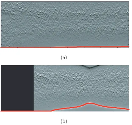 Fig. 5. Contour detection (red lines) in the reference (a) and deformed (b) congu- congu-rations of sample A.