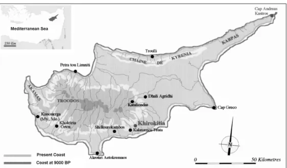 Fig. 1. Map of the aceramic Neolithic sites in Cyprus (adapted from Gomez &amp; Pease 1992).