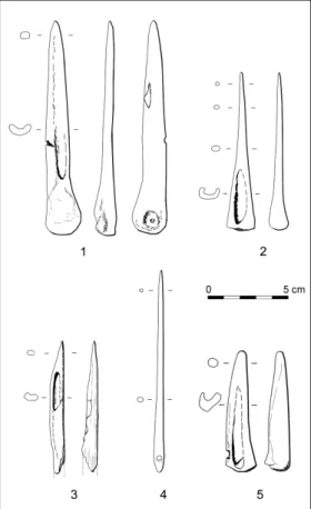 Fig. 3. Bone tools from Khirokitia: 1–3 awls; 4 needle; 5 edged tool (drawings by O. Daune-Le Brun and A