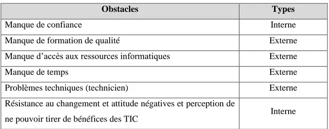 Tableau 12 : Obstacles externes et internes à l’utilisation des TIC 2