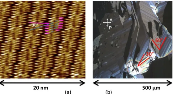 Figure 2 : a) STM image of the 10CB/MoS 2  interface (tunnelling current i T   = 10 pA, tunnelling  bias V   T   = 1.6 V)