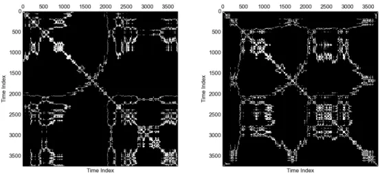 Figure 2: The recurrence plot of the adjacency matrices of the recurrence network as- as-sociated with the Banking and Insurance Sectors respectively over period 29/12/2000–