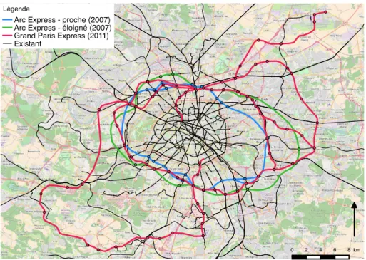 Figure 3. Projets de transport successifs de la métropole du Grand Paris. Nous montrons les deux alternatives du projet Arc Express porté par la région, et le Grand Paris Express (GPE) porté par l’état