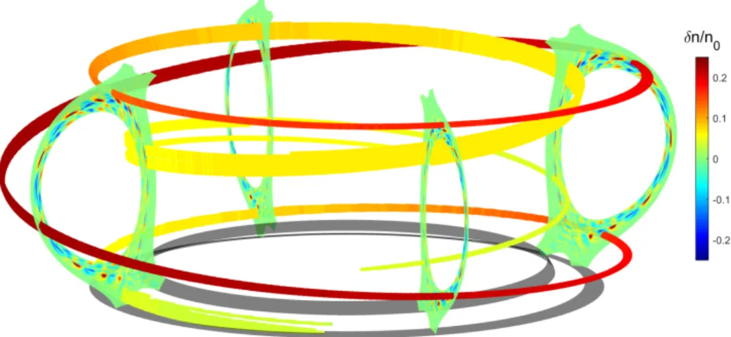 Figure 3: Three-dimensional structure of one blob in the main SOL as resulting from the 3DBRAT, color coded with the average density fluctuation for each poloidal plane