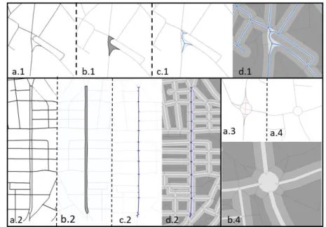 Figure 1: Network Correction Example through Geoprocessing. [1 to 4]: inconsistencies in street  network; b