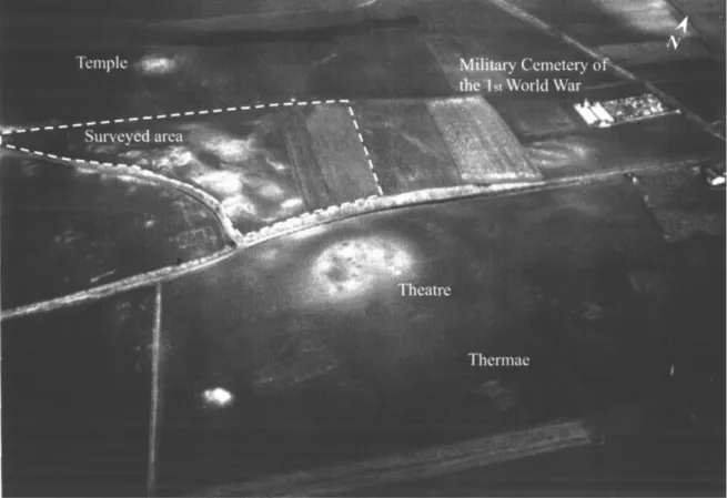Figure 2. Ribermont-sur-ancre (Somme). Aerial photograph showing the three major monuments and the residences of Gallo-Roman period (Agache, 1978)
