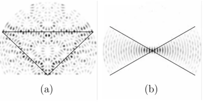 FIG. 6: Examples of eigenmodes displaying an intensity enhancement in the vicinity of (a) an unstable periodic orbit (super- (super-imposed as a solid line), (b) the continuous family of diameters (boundaries shown as solid lines).