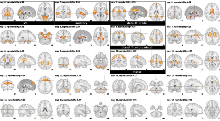 Figure 5: The 20 ICA maps extracted by CanICA on the functional localizer dataset without CCA (radiologic convention).