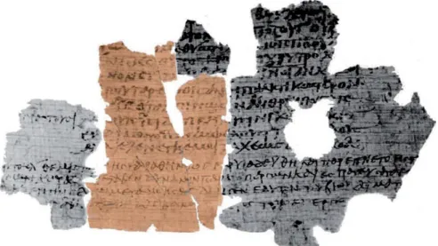 Fig. 3: A sheet from a copy of Aristophanes’ Knights: the black-and-white fragments are in  Oxford, the colour one in Paris (From CLGP Pars I, vol