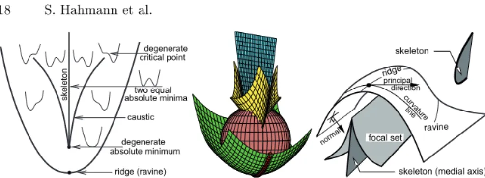 Fig. 11. Left: zoo of distance functions; thin lines are used to sketch typical profiles of the surface functions defined by the distance from a given point to the surface points