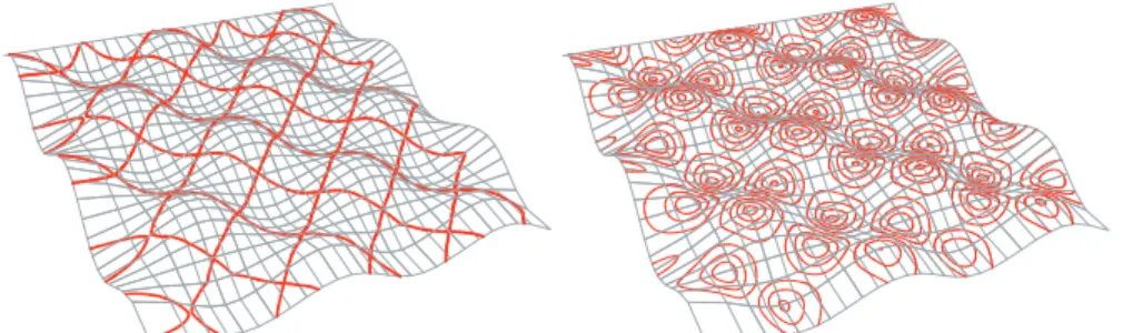 Fig. 14. Gaussian curvature isoline. Left: parabolic lines. Right: isolines correspond- correspond-ing to different constant Gaussian curvature values.