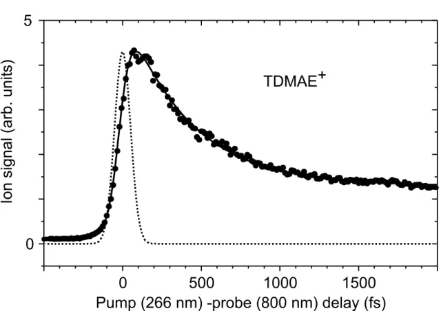 Figure 2: Evolution of the signal measured at the mass of TDMAE + as a function of the pump (266 nm)-probe (800 nm) delay