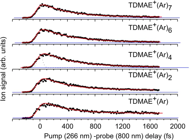 Figure 3: Evolution of the signal measured at the mass of TDMAE + (Ar) n as a function of the pump (266 nm)-probe (800 nm) delay