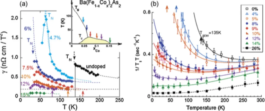 Fig. 9. (a) Temperature dependence of the longitudinal MR coeﬃcients γ ( T ) = − ρ / H 2 for the Ba ( Fe 1 − x Co x ) 2 As 2 samples whose respective positions in the phase diagram are indicated by arrows in the inset