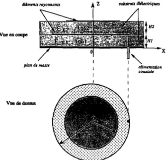 Fig. I. Exemple d'une structure d'antenne imprim£e multicouche. Les 616ments rayonnants sont en