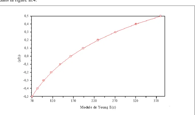 Figure II.4 : Variation du module de Young dans une plaque E-FGM. [48]