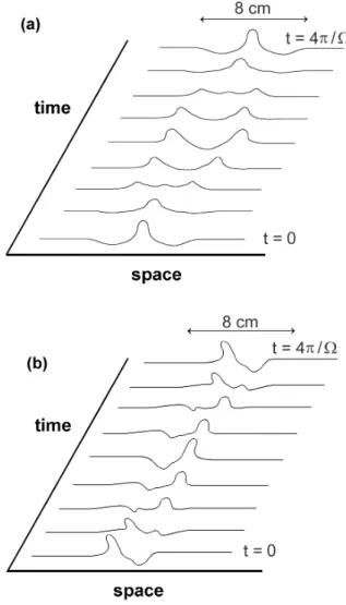 FIG. 3: Temporal evolution of the profile of the subharmonic solitary waves. (a): Even pattern