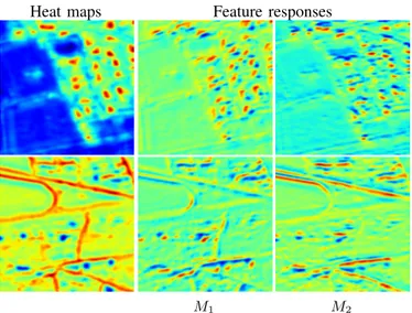 Fig. 11: Feature responses (red: high, blue: low) to selected M i and N j filters, applied to the heat maps and input image respectively (see Eq
