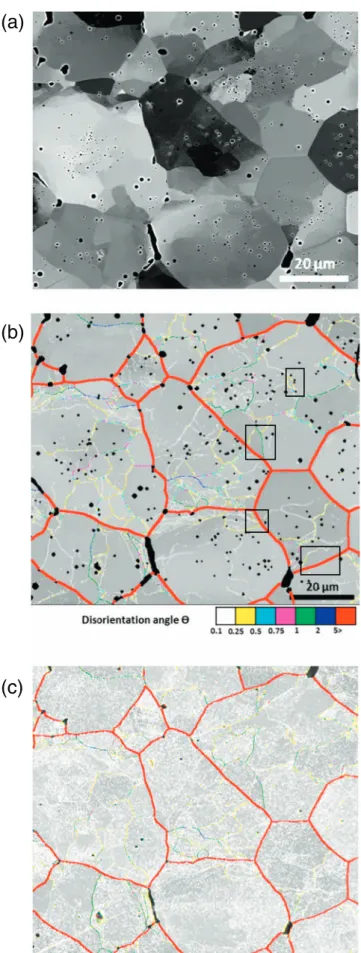 Fig. 4. Deformed sample: (a) BSE micrograph, Disorientation angle map of the (b) ﬁltered and (c) raw data (the background gray level is given by the Kikuchi Pattern Quality index, non-indexed points are black).