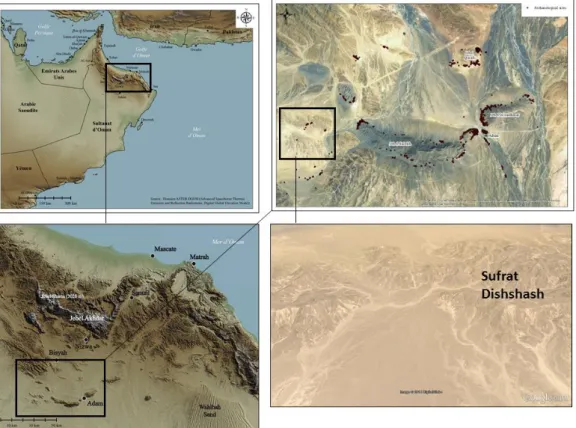 Figure 1 : Localisation de la région d’Adam et du Sufrat Dishshah, Sultanat d’Oman 
