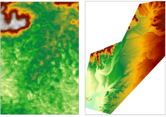 Figure 2 : Comparaison entre la précision des données gratuites ASTER / GDEM (Advanced Spaceborne  Thermal Emission and Reflection Radiometer / Global Digital Elevation Map) et celles du Modèle Numérique de 