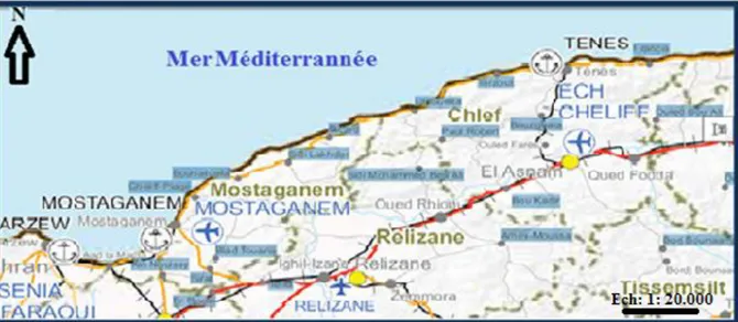 Figure 09: Carte de situation de la zone côtière de la wilaya de Mostaganem (DEM, 2011)