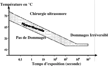 Figure 1.7 : Dommages subis par les tissus en fonction de la température et du                      temps d’exposition (Lele 1977) [19]