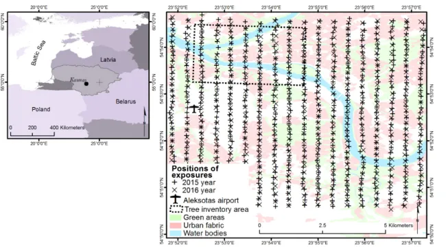 Figure 2. Location of the study area and flight strips and locations of tree inventory area (source of  background map in reference [62])