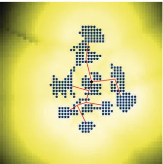 Figure 1: Example of urban morphology generated by the model. Houses (blue squares) were built in some cells of a 56 × 56 lattice