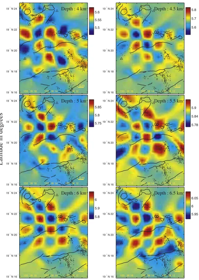 Figure 9. Checkerboard test (double-difference tomography) represented in the southeast of Kilauea caldera at various depths