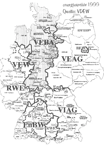 Fig.  2. Carte des anciennes zones de distribution électrique en Allemagne  Fédérale. (Echelle 1:6000000 