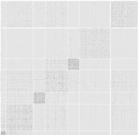 Figure 5: Adjacency matrix of the network of blogs, the rows/columns are sorted by cluster number with clusters found by modularity optimization