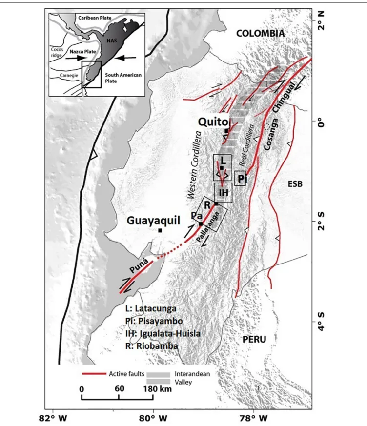 FIGURE 1 | Location of the investigated area in its tectonic context. Upper left inset gives a general geodynamic overview illustrating the major role of the CCPP (Chingual Cosanga Pallatanga Puna) fault zone acting as a boundary between the South America 