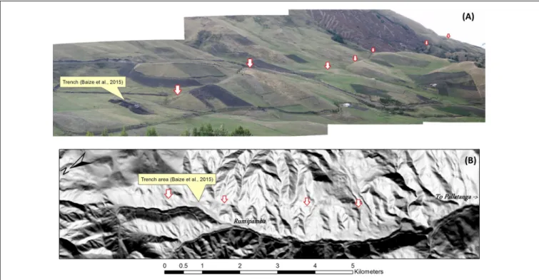 FIGURE 2 | Illustration of the signature of an active portion of the Pallatanga fault on a field panorama (A) and on the corresponding 4 m resolution DEM (B)