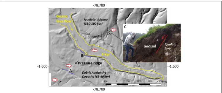 FIGURE 4 | Zoom-in in the San Andres village area. The fault intersects the Pleistocene and Holocene volcanic deposits of the Riobamba basin