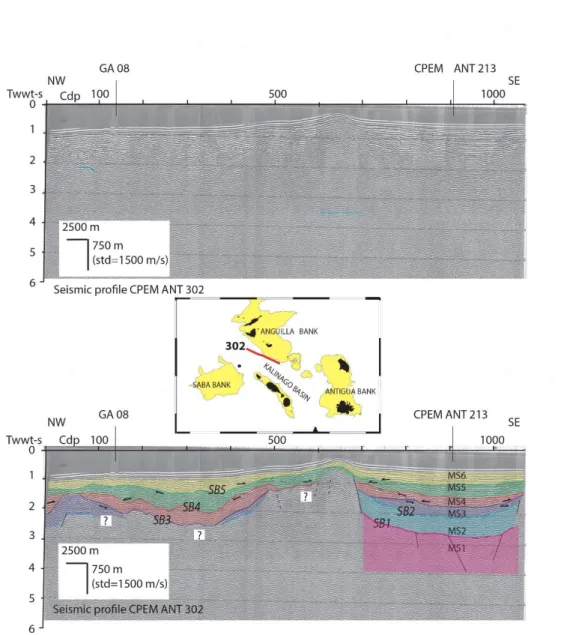 Fig. 12: CPEM seismic line 302. Sequence boundaries display an erosional character. MS2 is  1105 