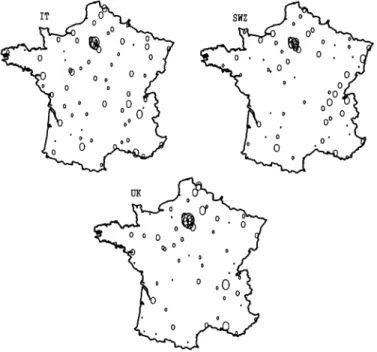 Fig. 2. Patterns of foreign affiliates in France: FDI from Italy, Switzerland and the United Kingdom.