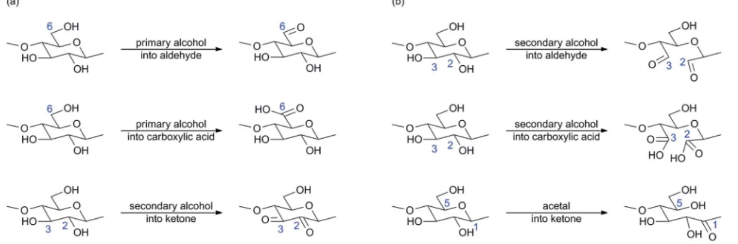 Fig. 10 Main oxidation reactions of cellulose (a) without ring opening and (b) with ring opening.