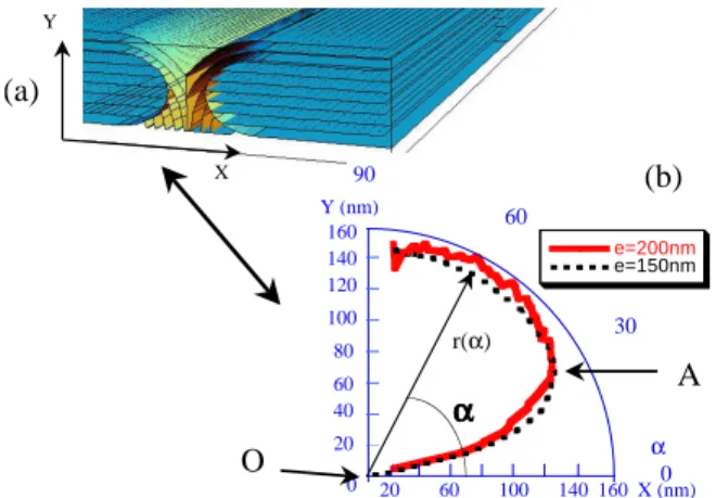 FIG. 4: (a) Scheme of enlarged flattened hemicylinders close to the half disclinations