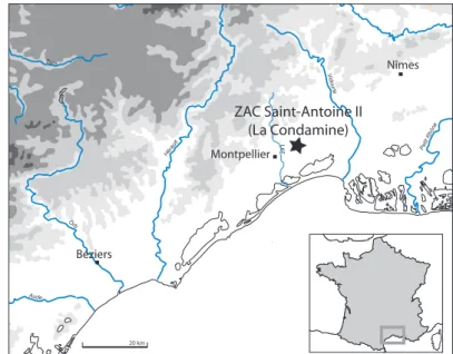 Figure 1 — Localisaion du site de Saint-Antoine II à Saint-Aunès, Hérault  (DAO  :  Benoît  Sendra  ;  fond  de  carte  :  Florent  Mazière  et  Emmanuelle  Trouillot).