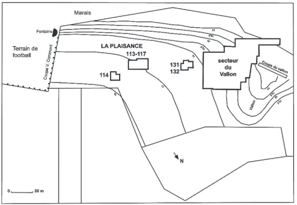 Fig. 2 – Localisation des différents secteurs explorés sur le gisement de  La Plaisance à Belloy-sur-Somme (d’après Fagnart, 1997, p