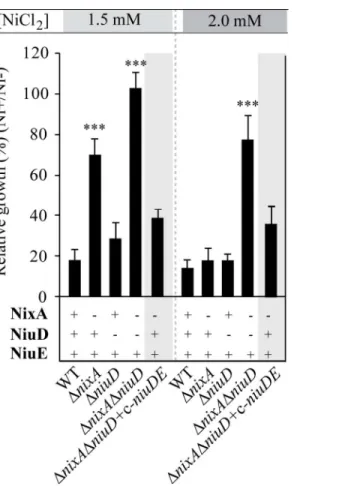 Fig 1. NiuD and NixA mediate H. pylori sensitivity to high nickel concentrations. Effect of 1.5 and 2 mM NiCl 2 on growth of H